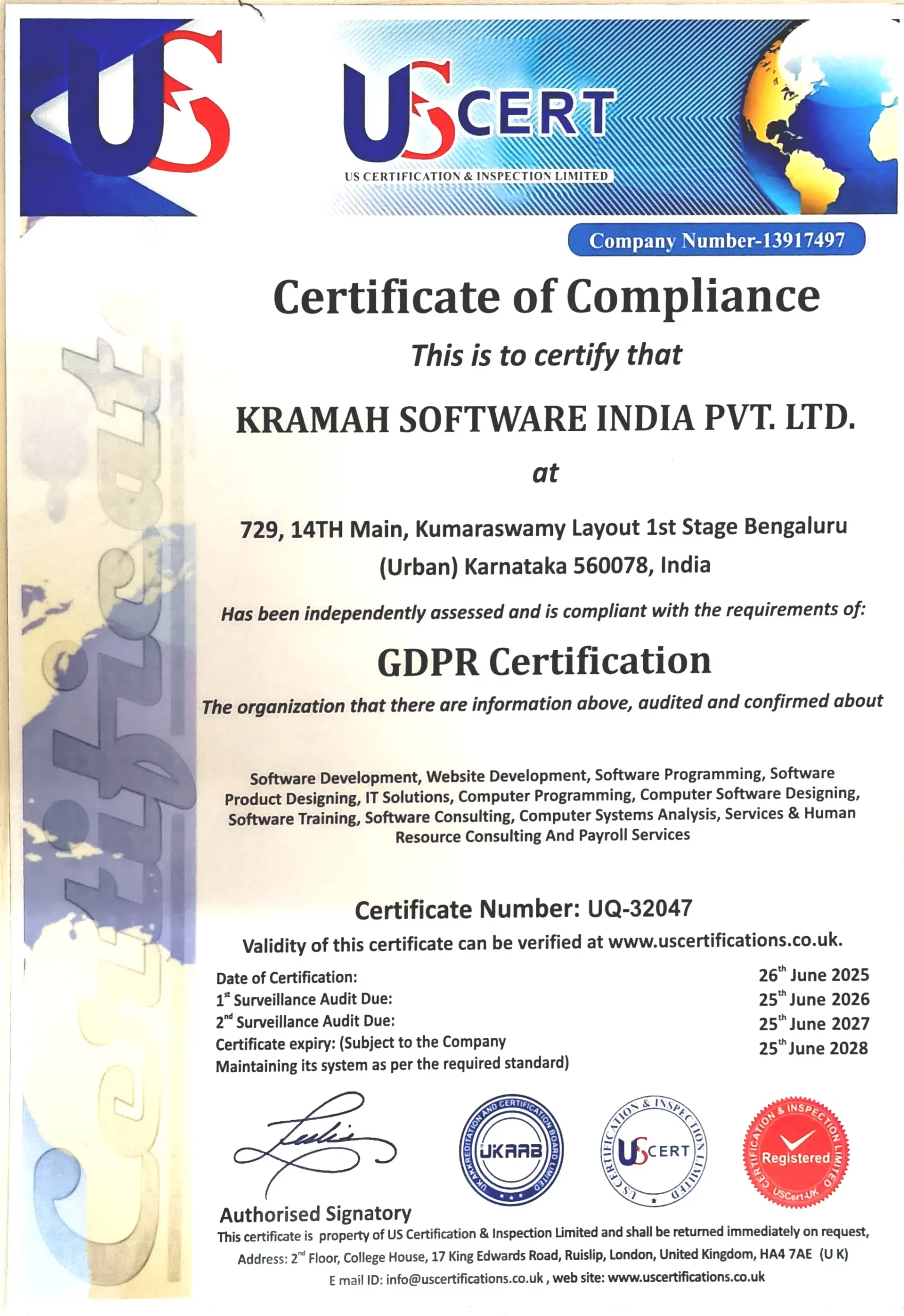 Kramah Software India US-CERT GDPR Privacy Compliance Certificate of Registration