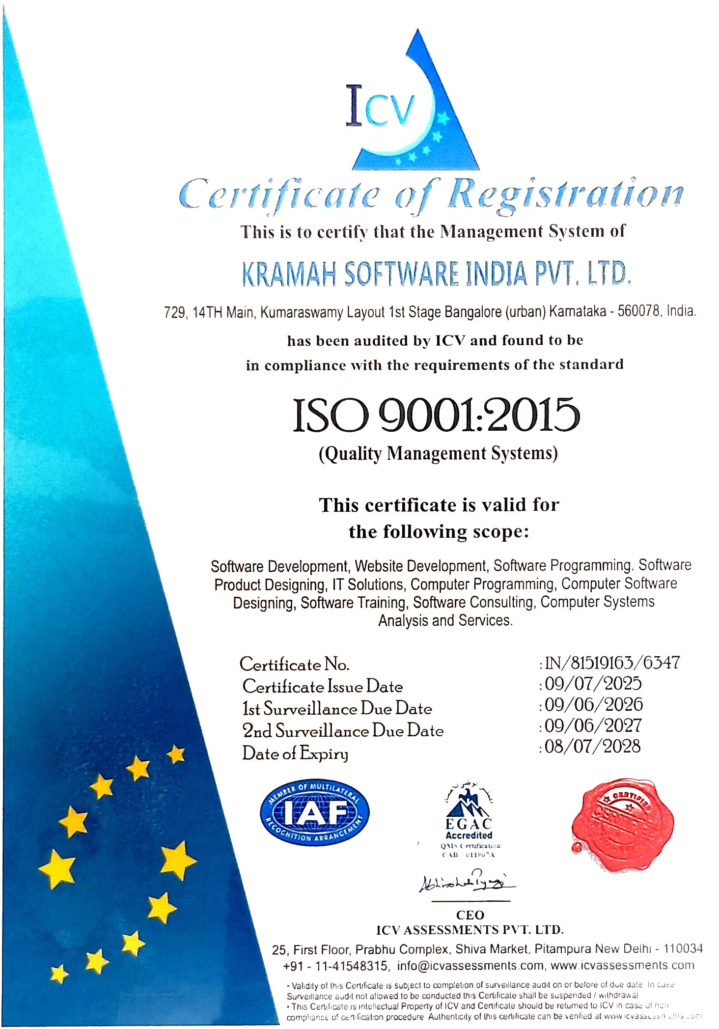 Kramah Software India ISO 9001:2015 Quality Management Systems Registration Certificate