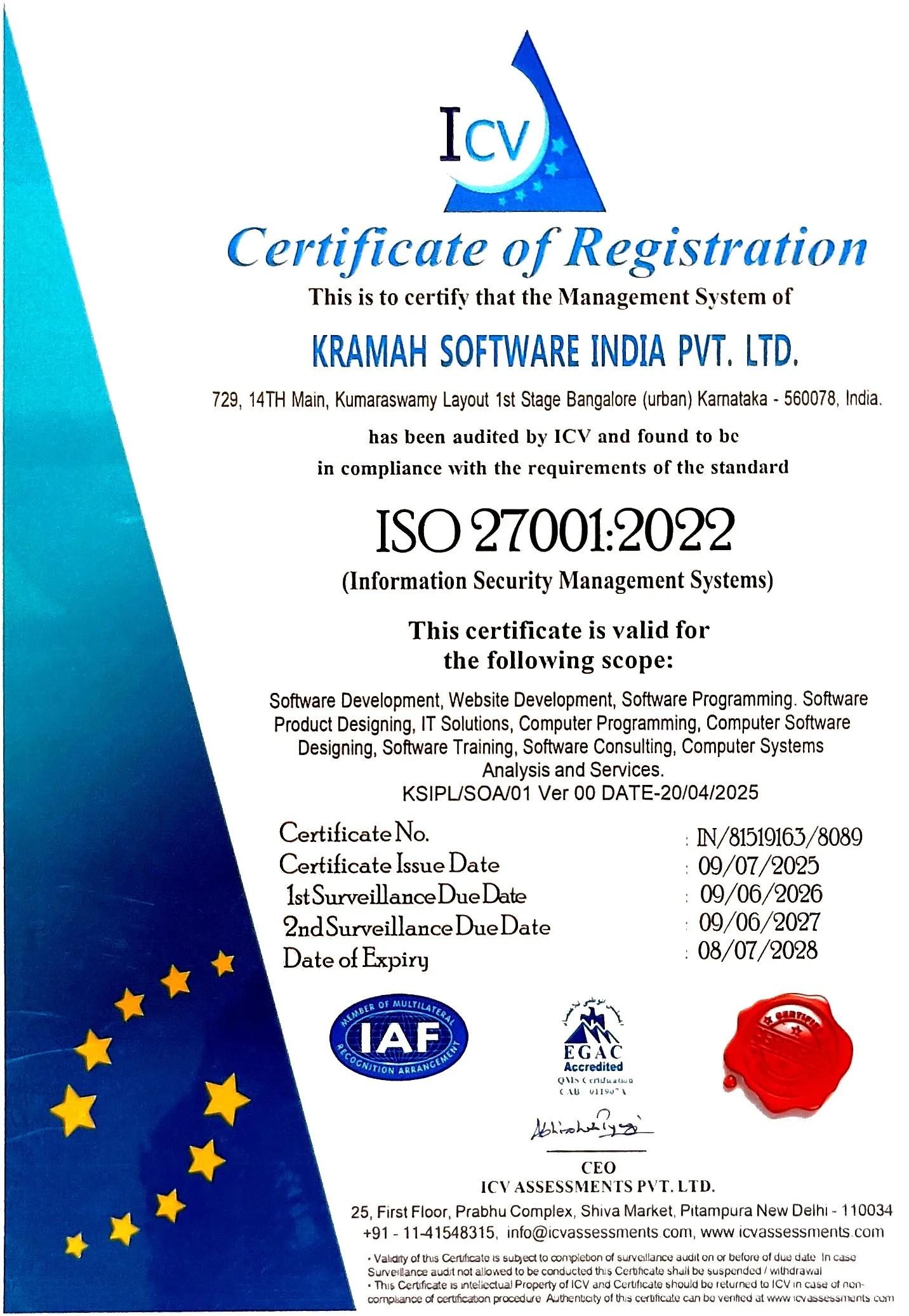 Kramah Software India ISO 27001:2022 Information Security Management Systems Registration Certificate
